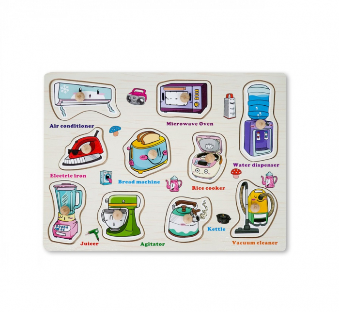 Puzzle educativ pentru copii, lemn, piese cu maner, unelte casnice, 3 ani+, Edujucarii [1]