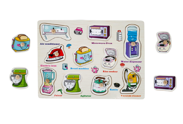 Puzzle educativ pentru copii, lemn, piese cu maner, unelte casnice, 3 ani+, Edujucarii [2]