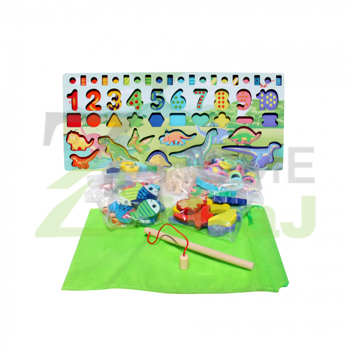 Puzzle Fishing toys - Joc de pescuit pestisori din lemn Montessori cu sortator – dinozauri, cifre, forme geometrice si cerculete [1]