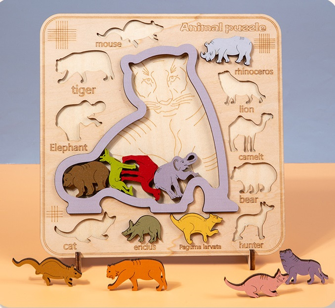 Puzzle incastru 3D de logica, Tigru, lemn, 3 ani+, Edujucarii [3]