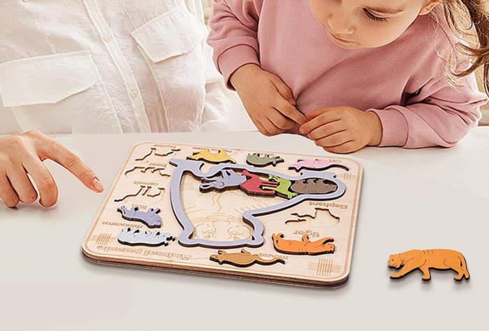 Puzzle incastru 3D de logica, Tigru, lemn, 3 ani+, Edujucarii [9]