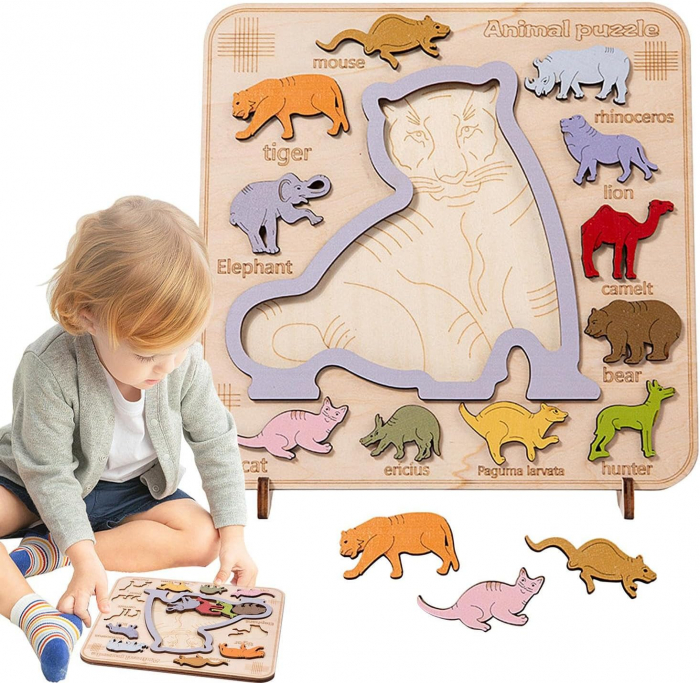 Puzzle incastru 3D de logica, Tigru, lemn, 3 ani+, Edujucarii [8]
