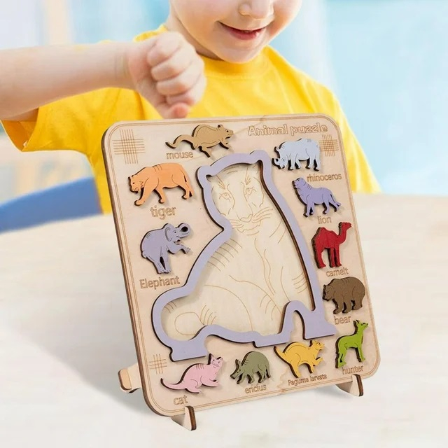 Puzzle incastru 3D de logica, Tigru, lemn, 3 ani+, Edujucarii [7]