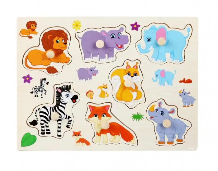 Puzzle lemn cu butoni, Animale salbatice, 8 piese, 3 ani+, EduJucarii [1]