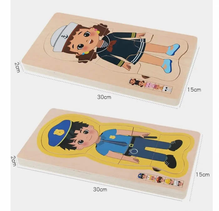 Pachet 2 Puzzle Montessori din lemn cu 5 straturi, Corpul Uman si Meserii, 17 piese fiecare, 3 ani+, EduJucarii [2]