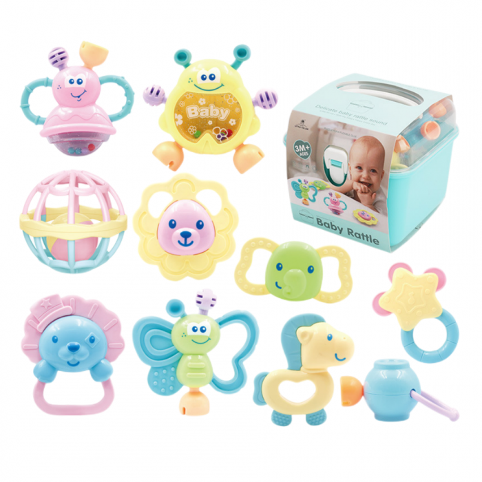 Set 10 piese jucarii zornaitoare pentru bebelusi, jucarii pentru dentitie, cutie de transport frumos colorata cu verde, 0 luni, Edujucarii - Copie - Little Tin Lok [1]