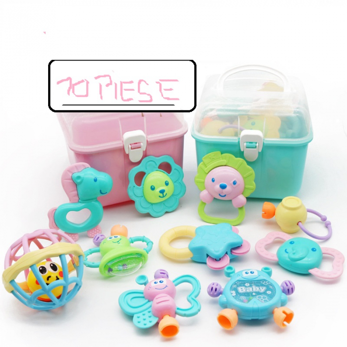 Set 10 piese jucarii zornaitoare pentru bebelusi, jucarii pentru dentitie, cutie de transport frumos colorata cu verde, 0 luni, Edujucarii - Copie - Little Tin Lok [8]