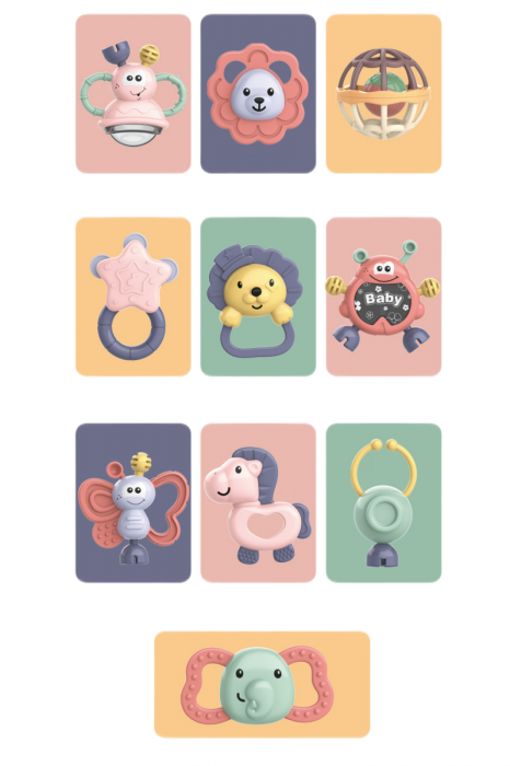 Set 10 piese jucarii zornaitoare pentru bebelusi, jucarii pentru dentitie, cutie de transport frumos colorata cu verde, 0 luni, Edujucarii - Copie - Little Tin Lok [5]