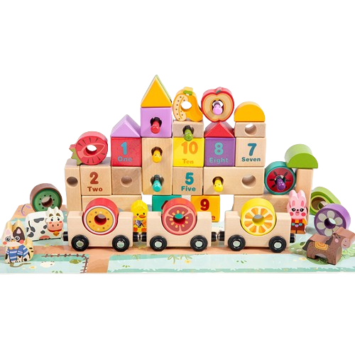 Set cuburi constructie si trenulet Ferma Animalelor, 43 piese constructie, 1 trenulet magnetic cu 3 vagoane si un puzzle, 3 ani+, EduJucarii [2]