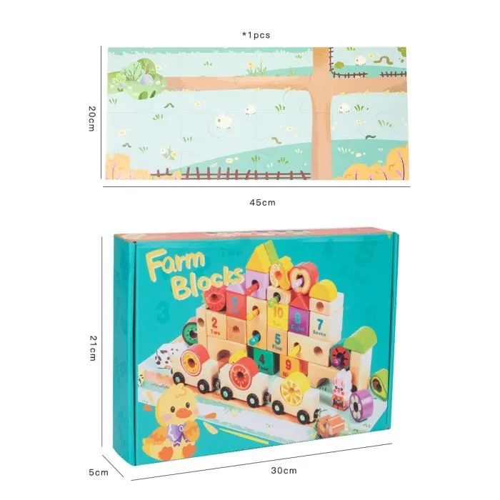 Set cuburi constructie si trenulet Ferma Animalelor, 43 piese constructie, 1 trenulet magnetic cu 3 vagoane si un puzzle, 3 ani+, EduJucarii [8]