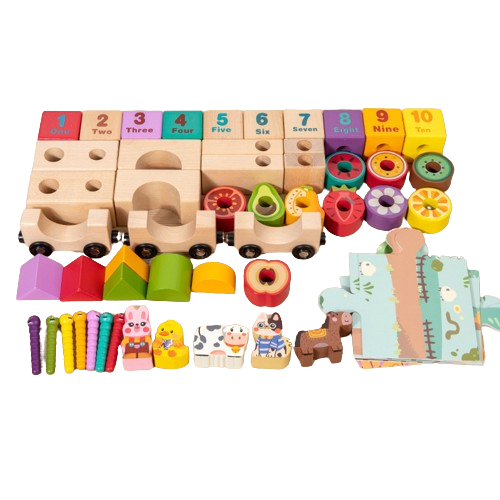 Set cuburi constructie si trenulet Ferma Animalelor, 43 piese constructie, 1 trenulet magnetic cu 3 vagoane si un puzzle, 3 ani+, EduJucarii [4]