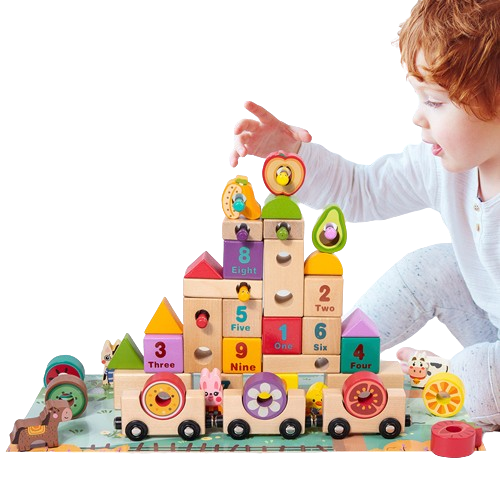Set cuburi constructie si trenulet Ferma Animalelor, 43 piese constructie, 1 trenulet magnetic cu 3 vagoane si un puzzle, 3 ani+, EduJucarii [5]