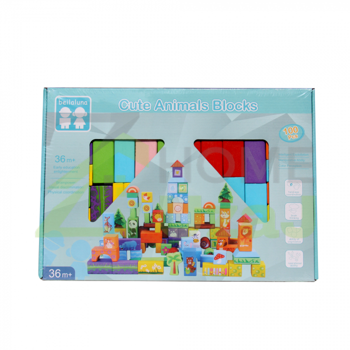 Set 100 cuburi lemn - Regatul animalelor salbatice - Beilaluna Cute Animals, 100 piese [3]