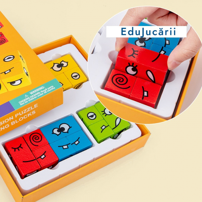 Set 12 cuburi educative si 50 cartonase cu modele, Puzzle de expresii faciale, 3 ani+, Edujucarii [5]