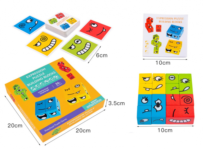 Set 12 cuburi educative si 50 cartonase cu modele, Puzzle de expresii faciale, 3 ani+, Edujucarii [7]