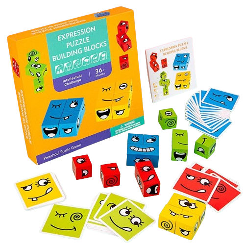 Set 12 cuburi educative si 50 cartonase cu modele, Puzzle de expresii faciale, 3 ani+, Edujucarii [1]
