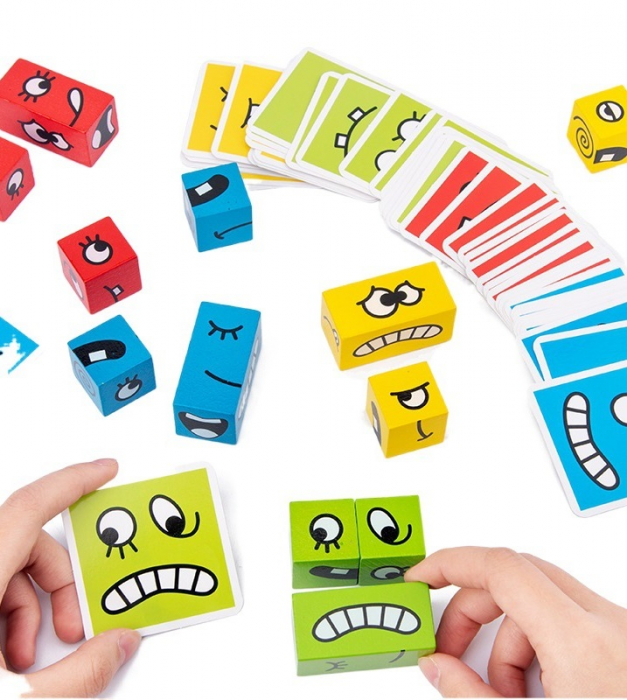 Set 12 cuburi educative si 50 cartonase cu modele, Puzzle de expresii faciale, 3 ani+, Edujucarii [2]