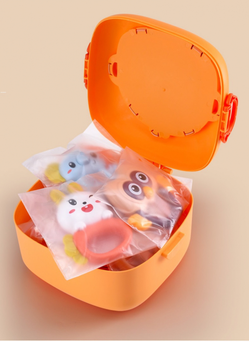 Set 12 piese jucarii zornaitoare pentru bebelusi, jucarii pentru dentitie, cutie de transport in forma de maimutica, 0 luni, Edujucarii - Aiyingle [4]