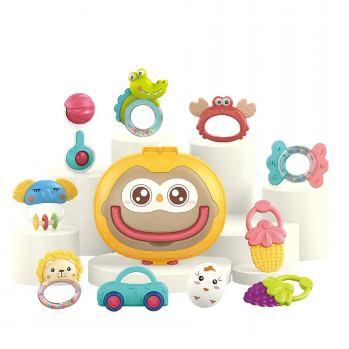 Set 12 piese jucarii zornaitoare pentru bebelusi, jucarii pentru dentitie, cutie de transport in forma de bufnita, 0 luni - Ibi-irn [4]