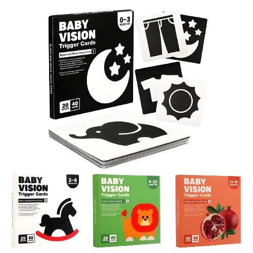 Pachet de 4 seturi cu cate 20 carduri stimulare vizuala bebe, imagini alb, negru, rosu si color, 0-36 luni, EduJucarii [3]