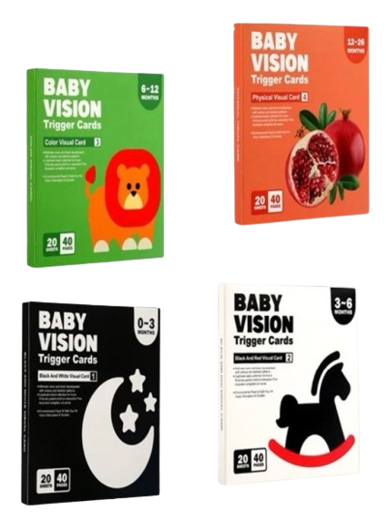 Pachet de 4 seturi cu cate 20 carduri stimulare vizuala bebe, imagini alb, negru, rosu si color, 0-36 luni, EduJucarii [2]