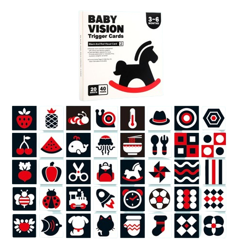 Pachet de 4 seturi cu cate 20 carduri stimulare vizuala bebe, imagini alb, negru, rosu si color, 0-36 luni, EduJucarii [5]