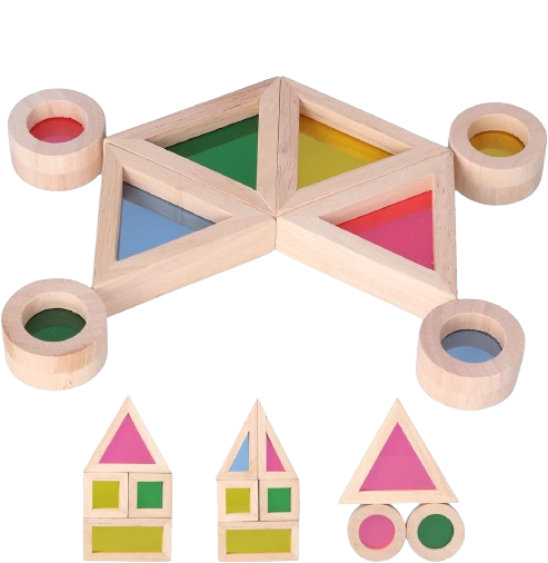 Set 24 Blocuri Tridimensionale de constructie, placa acrilica si lemn masiv, jucarie educationala, Kaleidoscope color, 3 ani+, Edujucarii [12]
