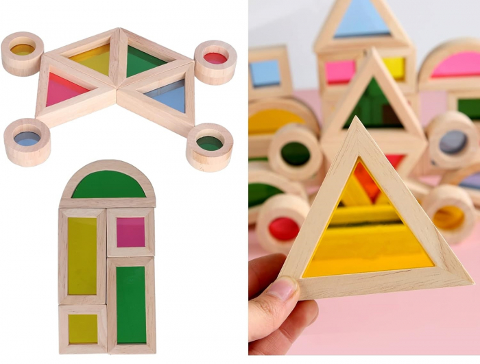 Set 24 Blocuri Tridimensionale de constructie, placa acrilica si lemn masiv, jucarie educationala, Kaleidoscope color, 3 ani+, Edujucarii [16]