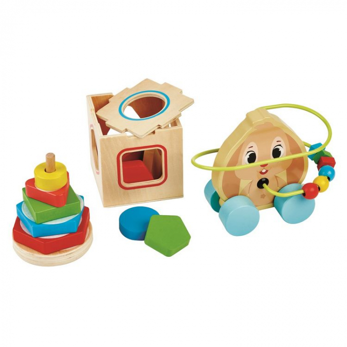 Set 3 jucarii educative, lemn, piramida, sortator forme geometrice, figurina cu labirint de tras, 12 luni+ [1]