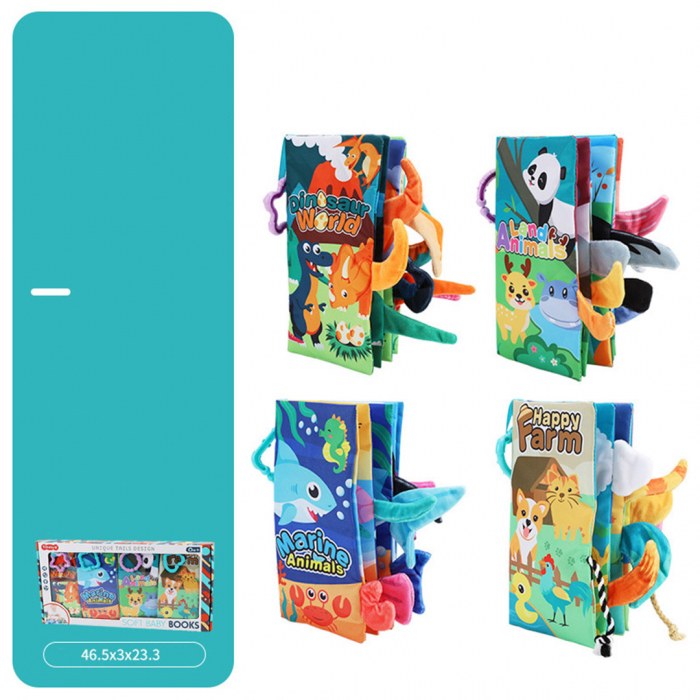 Set 4 carti senzoriale fosnitoare pentru bebelusi, cu animalute colorate, Dinosaur world, Happy farm, Land Animals,  Marine Animals,  17 x 22.5 cm [2]