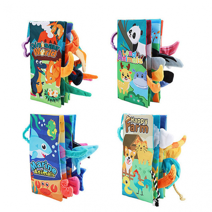 Set 4 carti senzoriale fosnitoare pentru bebelusi, cu animalute colorate, Dinosaur world, Happy farm, Land Animals,  Marine Animals,  17 x 22.5 cm [1]