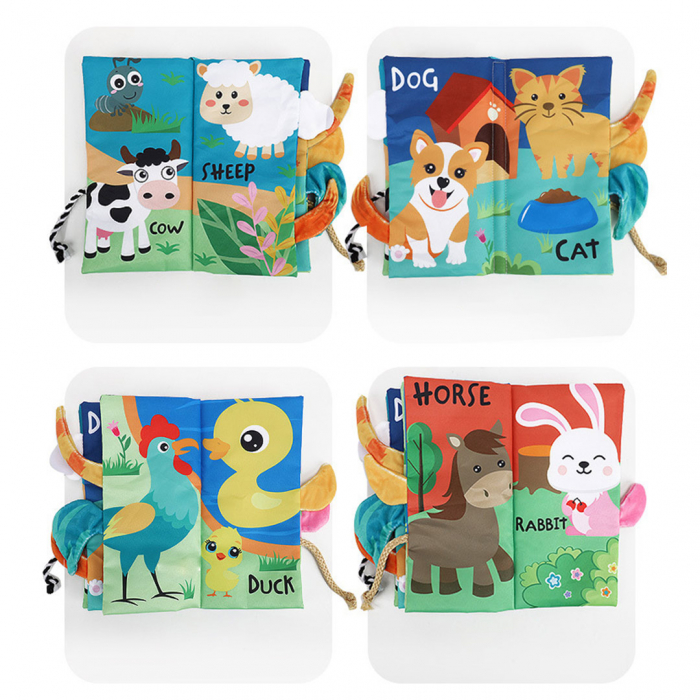 Set 4 carti senzoriale fosnitoare pentru bebelusi, cu animalute colorate, Dinosaur world, Happy farm, Land Animals,  Marine Animals,  17 x 22.5 cm [9]