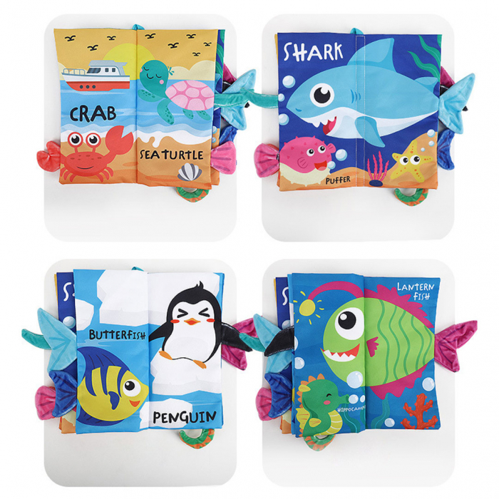 Set 4 carti senzoriale fosnitoare pentru bebelusi, cu animalute colorate, Dinosaur world, Happy farm, Land Animals,  Marine Animals,  17 x 22.5 cm [13]