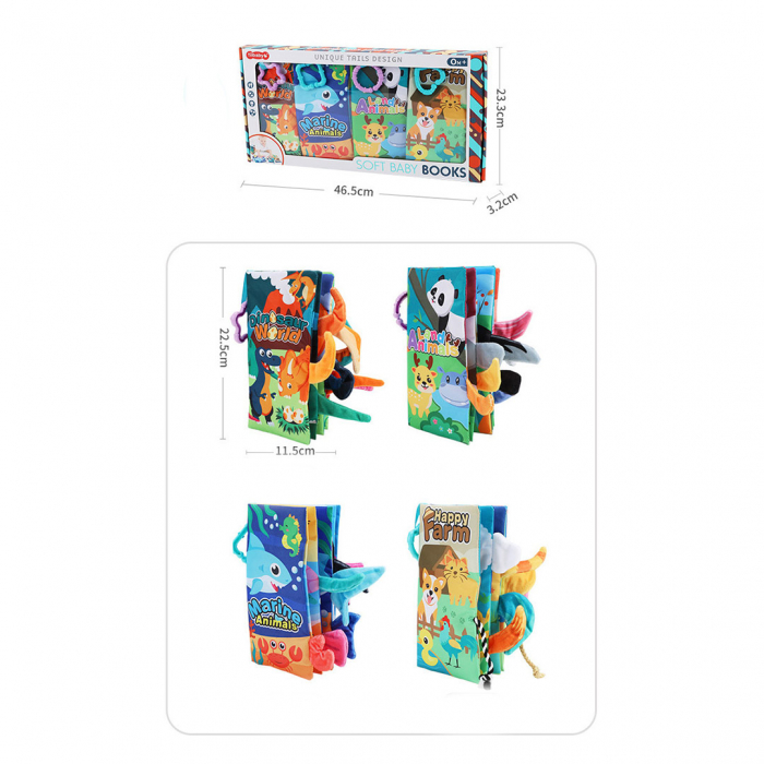 Set 4 carti senzoriale fosnitoare pentru bebelusi, cu animalute colorate, Dinosaur world, Happy farm, Land Animals,  Marine Animals,  17 x 22.5 cm [3]