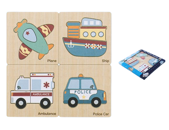 Set 4 Puzzle 15 x 15 cm, Lemn, Vehicule, 16 piese, Montessori, 3 ani+ [5]