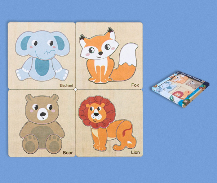 Set 4 Puzzle 15 x 15 cm, Lemn, Animale salbatice, 16 piese, Montessori, 3 ani+ [5]
