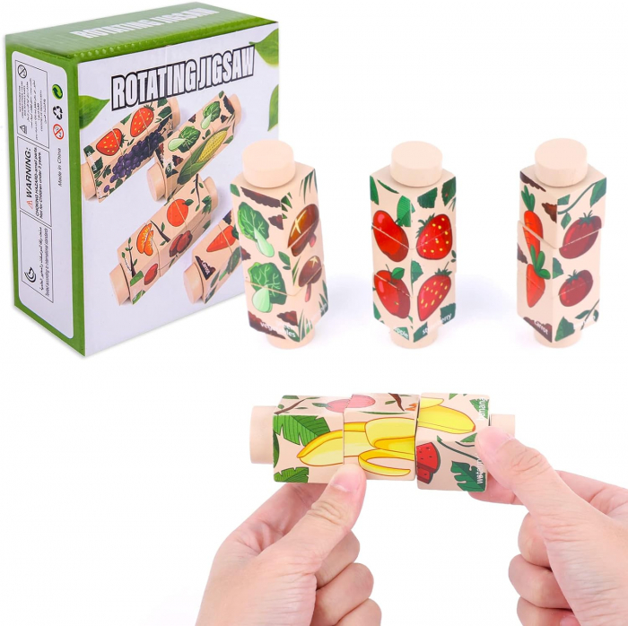 Set 4 Puzzle Rotativ cu cate 3 cuburi, lemn, legume si fructe, Rotating Jigsaw, 12 luni+, EduJucarii [2]