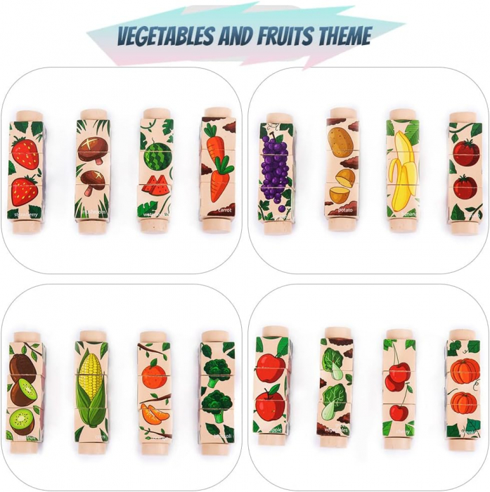 Set 4 Puzzle Rotativ cu cate 3 cuburi, lemn, legume si fructe, Rotating Jigsaw, 12 luni+, EduJucarii [7]