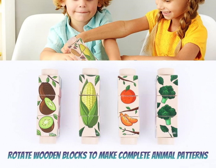 Set 4 Puzzle Rotativ cu cate 3 cuburi, lemn, legume si fructe, Rotating Jigsaw, 12 luni+, EduJucarii [8]