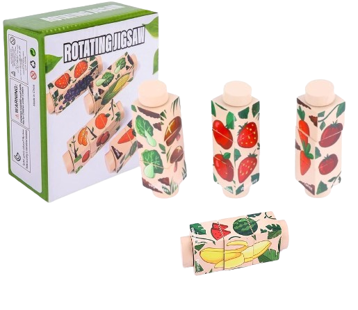 Set 4 Puzzle Rotativ cu cate 3 cuburi, lemn, legume si fructe, Rotating Jigsaw, 12 luni+, EduJucarii [1]