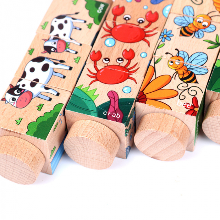 Set 4 Puzzle Rotativ cu cate 3 cuburi, lemn, animale, Rotating Jigsaw, 12 luni+, EduJucarii [3]