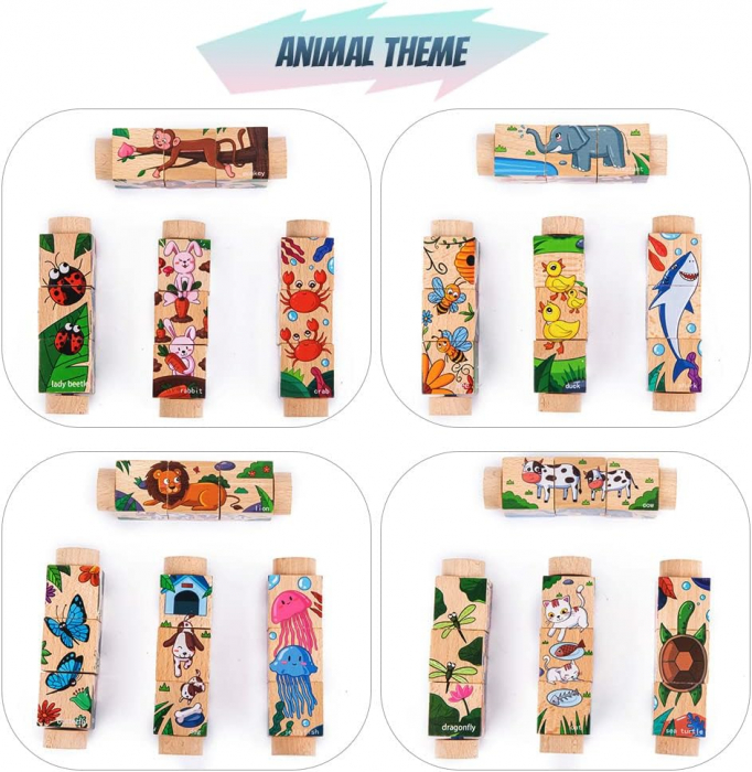 Set 4 Puzzle Rotativ cu cate 3 cuburi, lemn, animale, Rotating Jigsaw, 12 luni+, EduJucarii [4]