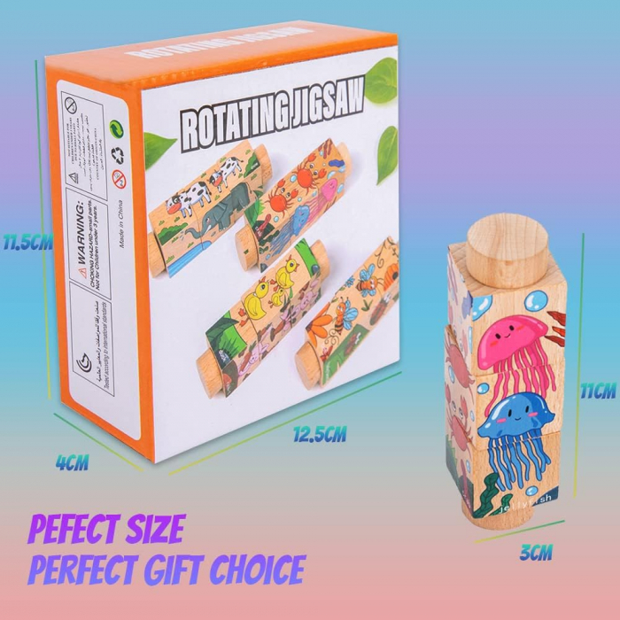 Set 4 Puzzle Rotativ cu cate 3 cuburi, lemn, animale, Rotating Jigsaw, 12 luni+, EduJucarii [6]