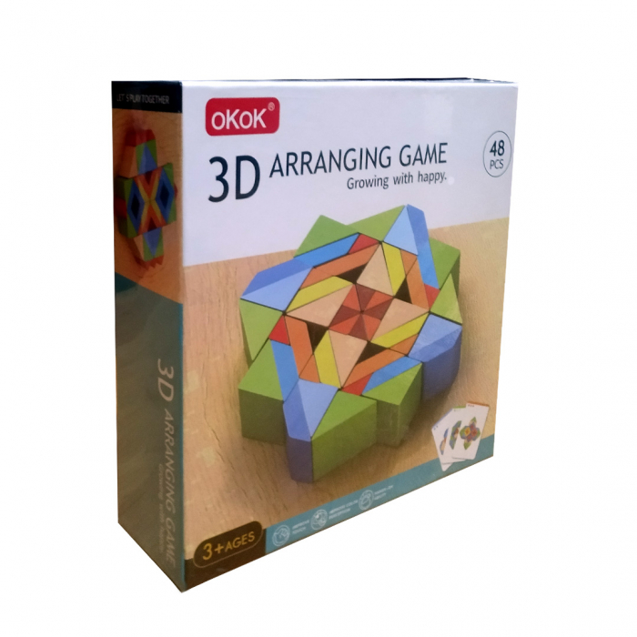 Set 48 piese geometrice 3D din lemn si 10 carduri cu modele imprimate fata-vero, mozaic Montessori, multicolor, + 3 ani [1]