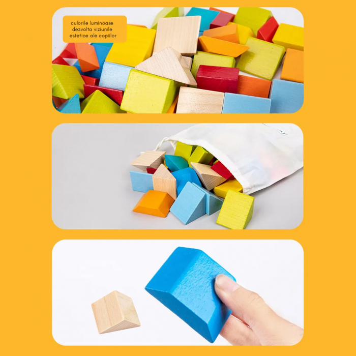 Set 48 piese geometrice 3D din lemn si 10 carduri cu modele imprimate fata-vero, mozaic Montessori, multicolor, + 3 ani [4]