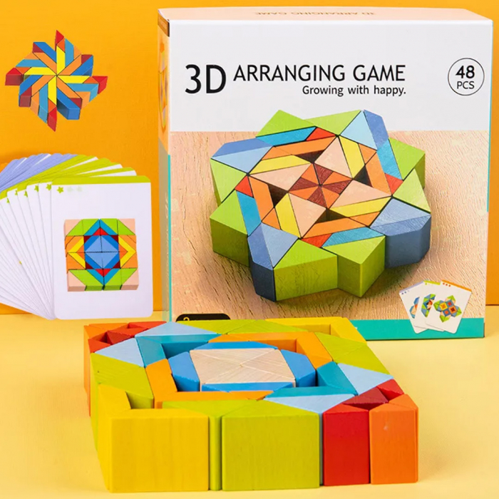 Set 48 piese geometrice 3D din lemn si 10 carduri cu modele imprimate fata-vero, mozaic Montessori, multicolor, + 3 ani [2]