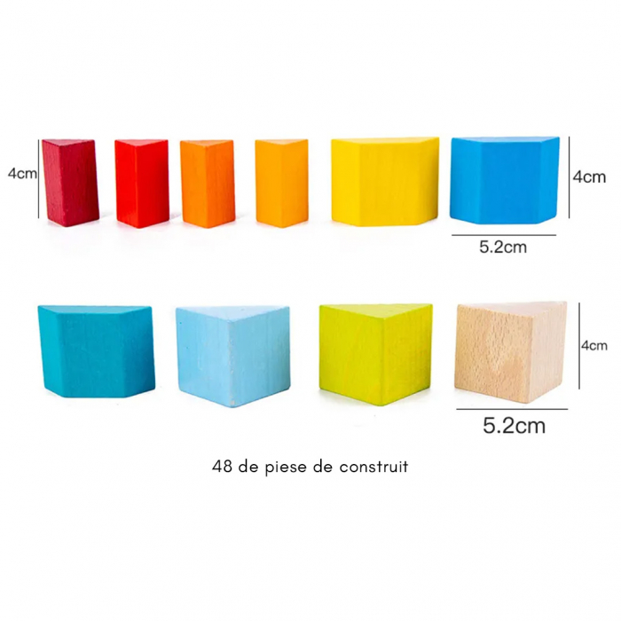 Set 48 piese geometrice 3D din lemn si 10 carduri cu modele imprimate fata-vero, mozaic Montessori, multicolor, + 3 ani [5]