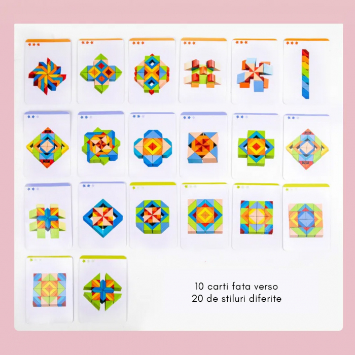Set 48 piese geometrice 3D din lemn si 10 carduri cu modele imprimate fata-vero, mozaic Montessori, multicolor, + 3 ani [6]
