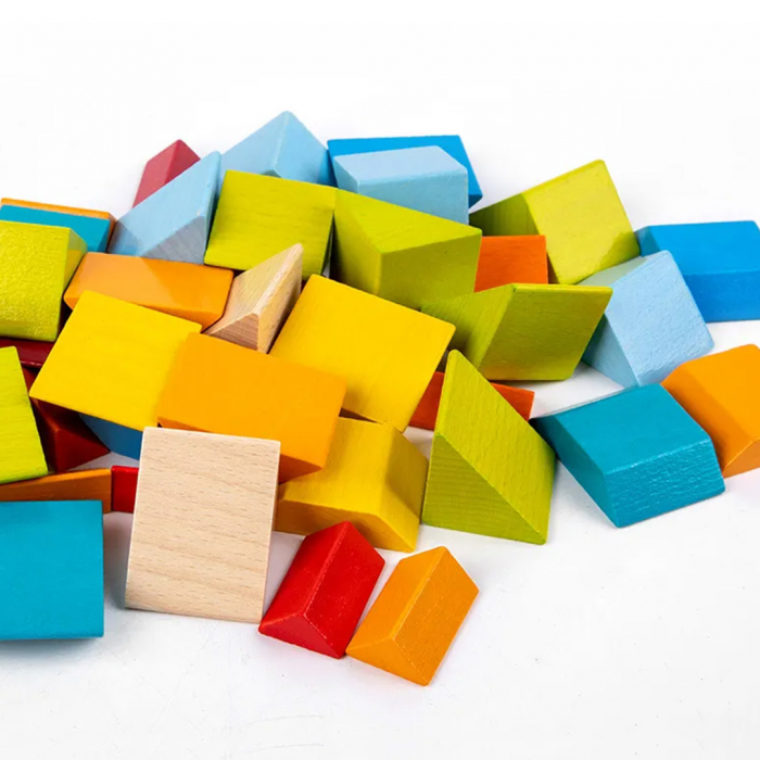 Set 48 piese geometrice 3D din lemn si 10 carduri cu modele imprimate fata-vero, mozaic Montessori, multicolor, + 3 ani [3]