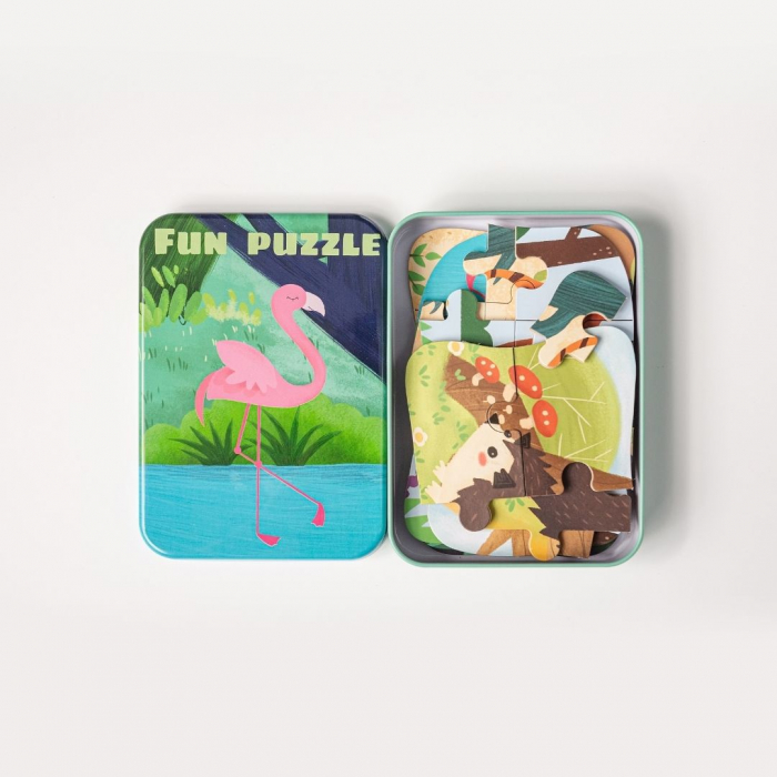 Set 5 Puzzles pentru incepatori, Diferite Nivele de Complexitate, Cutie Metalica, Flamingo si animale de padure, 3 ani + [8]